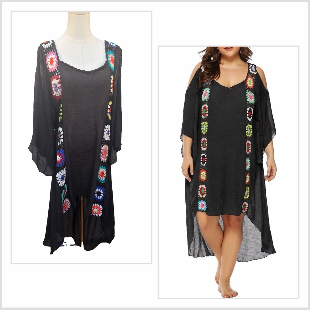 Boho Crochet Trim Gauze Tunic Dress Black Hi Low Festival 2XL